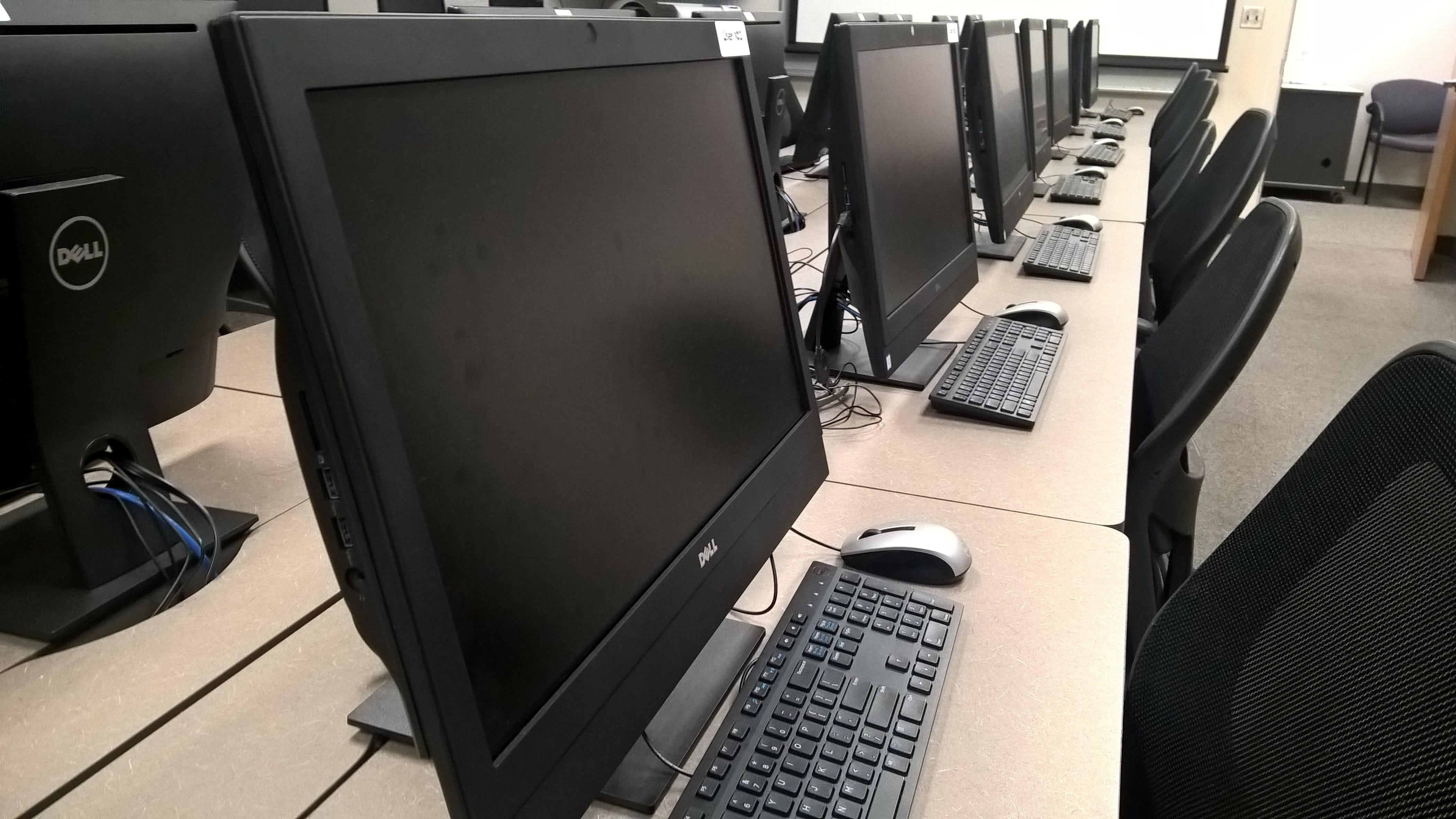 4208x2368 Wallpaper / chair, high angle view, table, Technology, Computer, keyboard, office, monitor, day, indoors, computer monitor, wireless technology, Lab, screen, 4K, flat free download