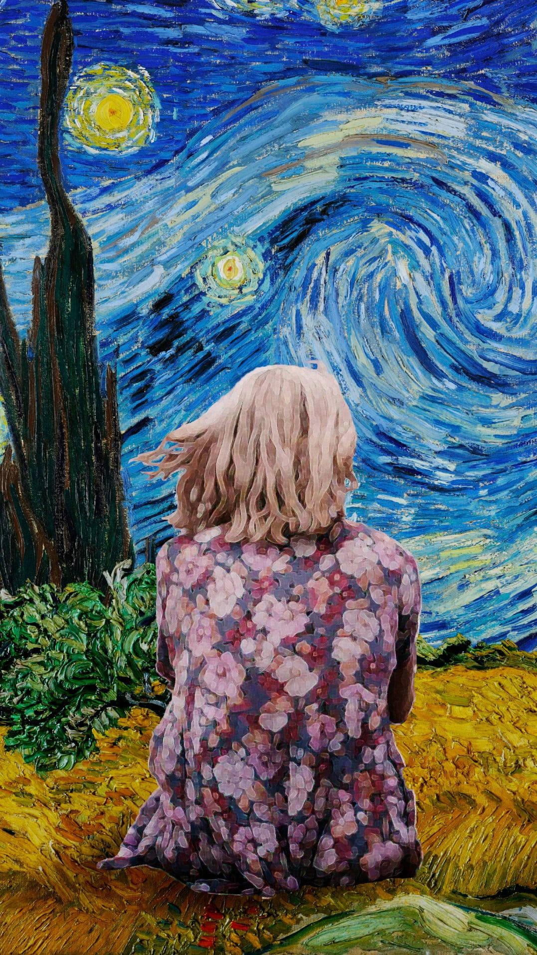 1077x1915 Download Solitary Girl Van Gogh Starry Night Wallpaper