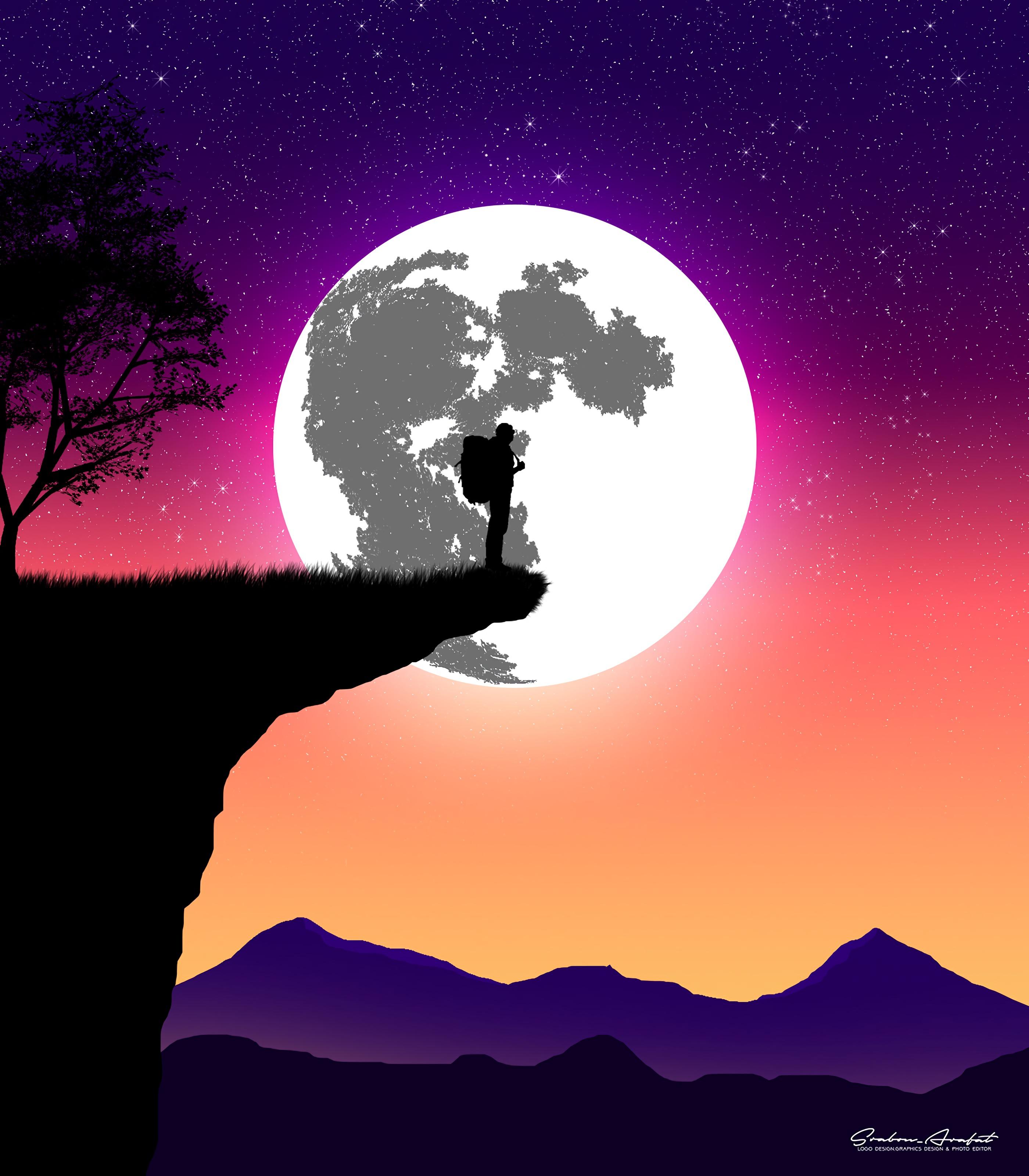 2800x3200 Mobile wallpaper: Silhouette, Vector, Precipice, Break, Moon, Night, Art, 146796 download the picture for free
