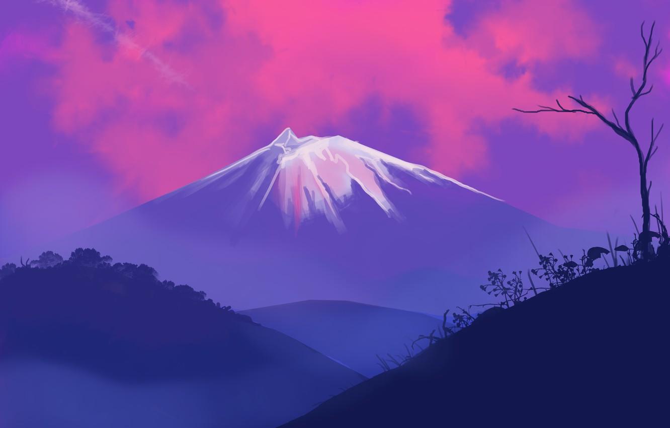 1332x850 Wallpaper landscape, nature, sunset, Mountain, art, tree, hills, digital art, artwork, plants, silhouette, painting art, snowy peak image for desktop, section арт