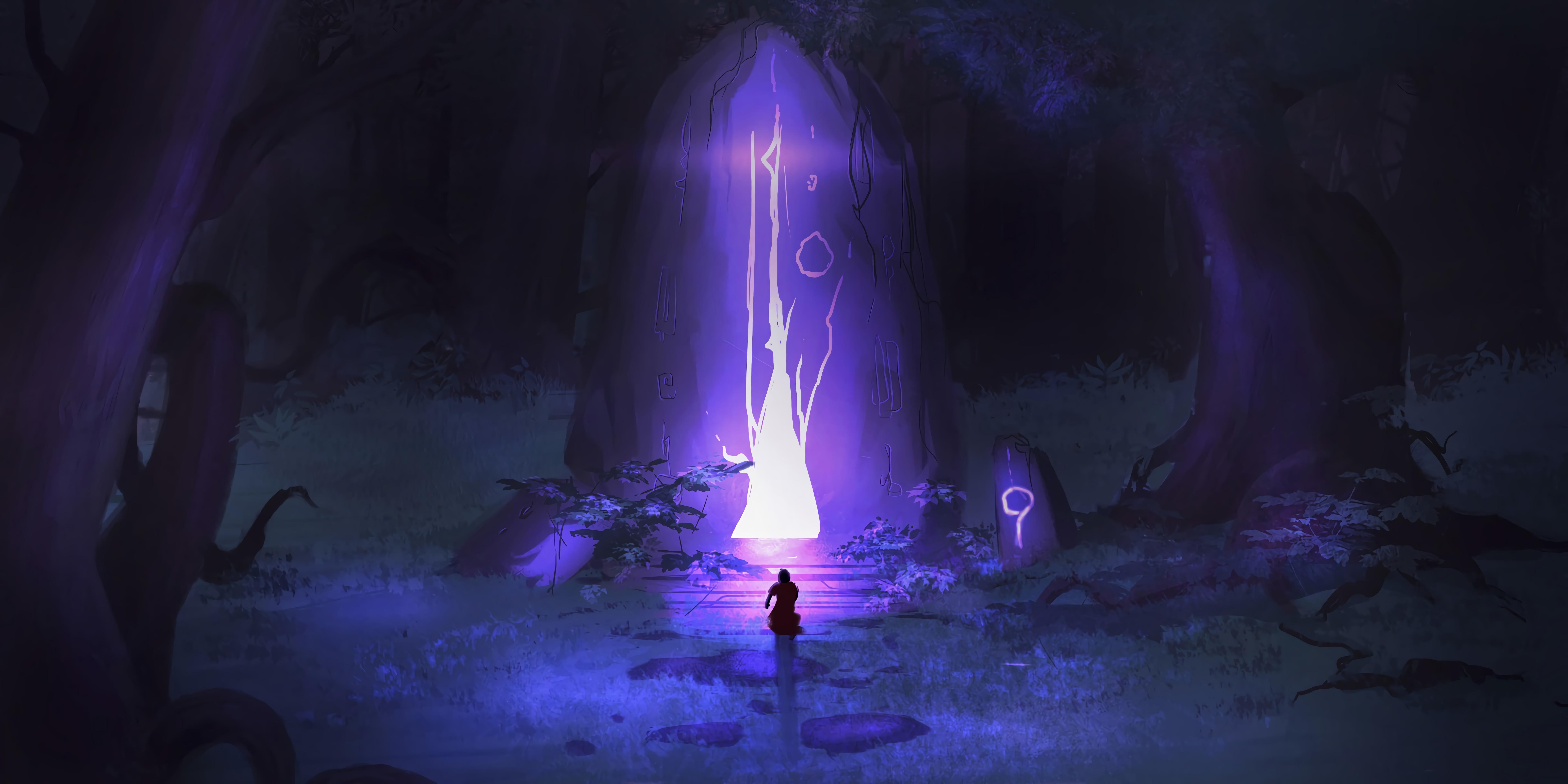 7680x3840 Mobile wallpaper: Cave, Wanderer, Silhouette, Art, Fantasy, 90353 download the picture for free