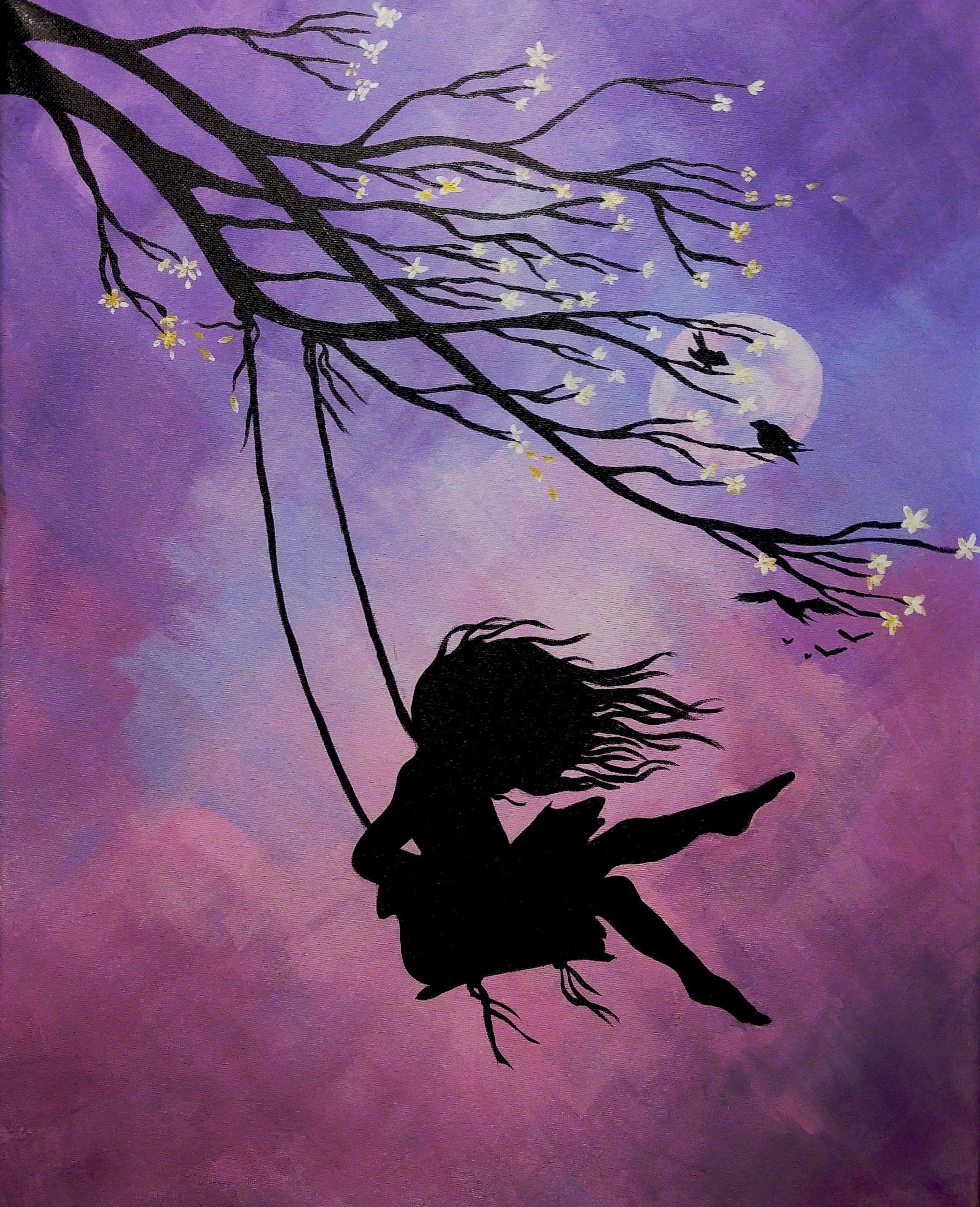 2222x2737 Whimsy and Wine Painting Parties- Grey Bruce. A Midsummer Night's Swing. Silhouette art, Wine painting, Painting art projects