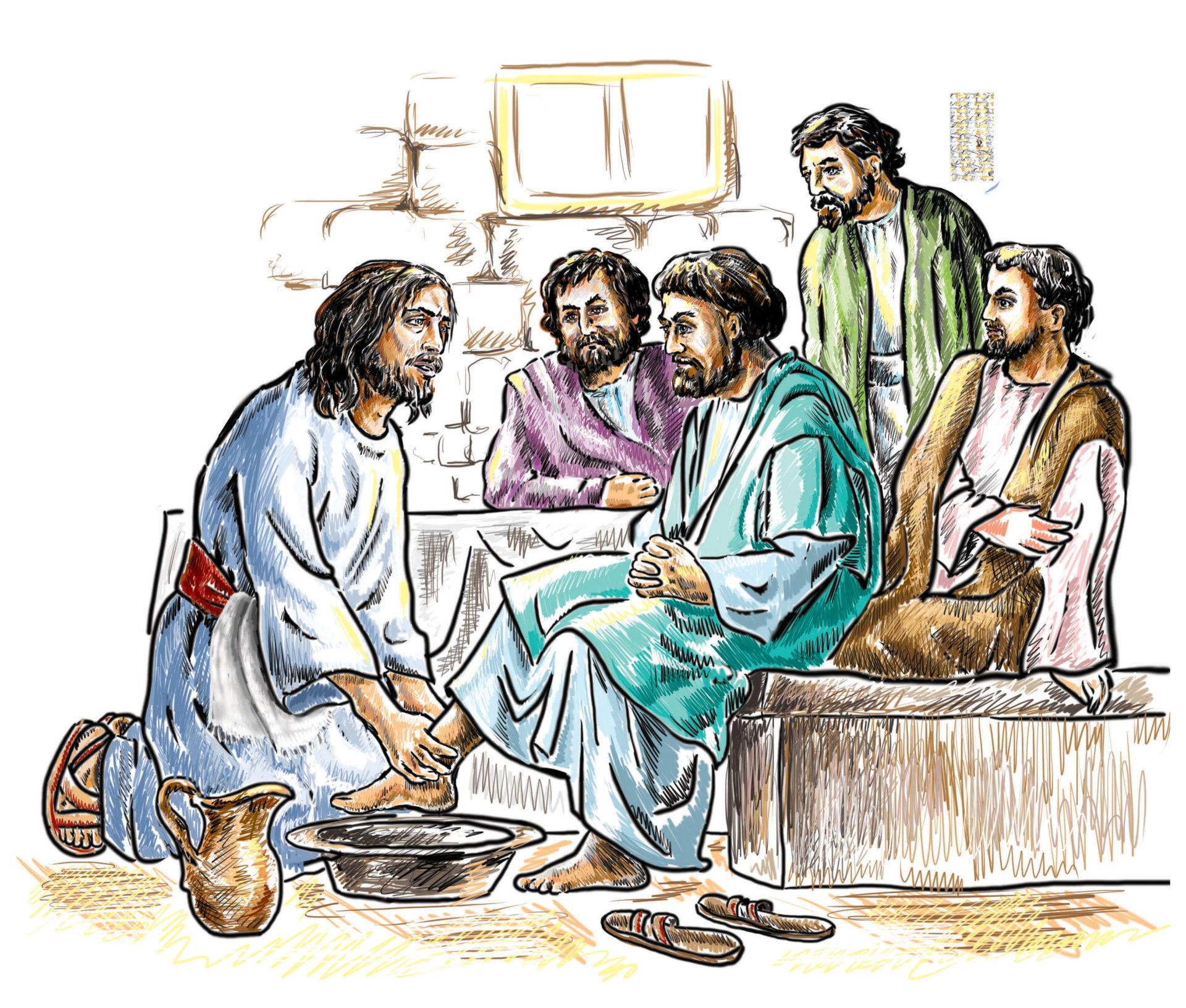1920x1632 Maundy Thursday, Good or Holy Thursday color illustration with washing of the feet. Jesus and the Apostles. For Every Mom