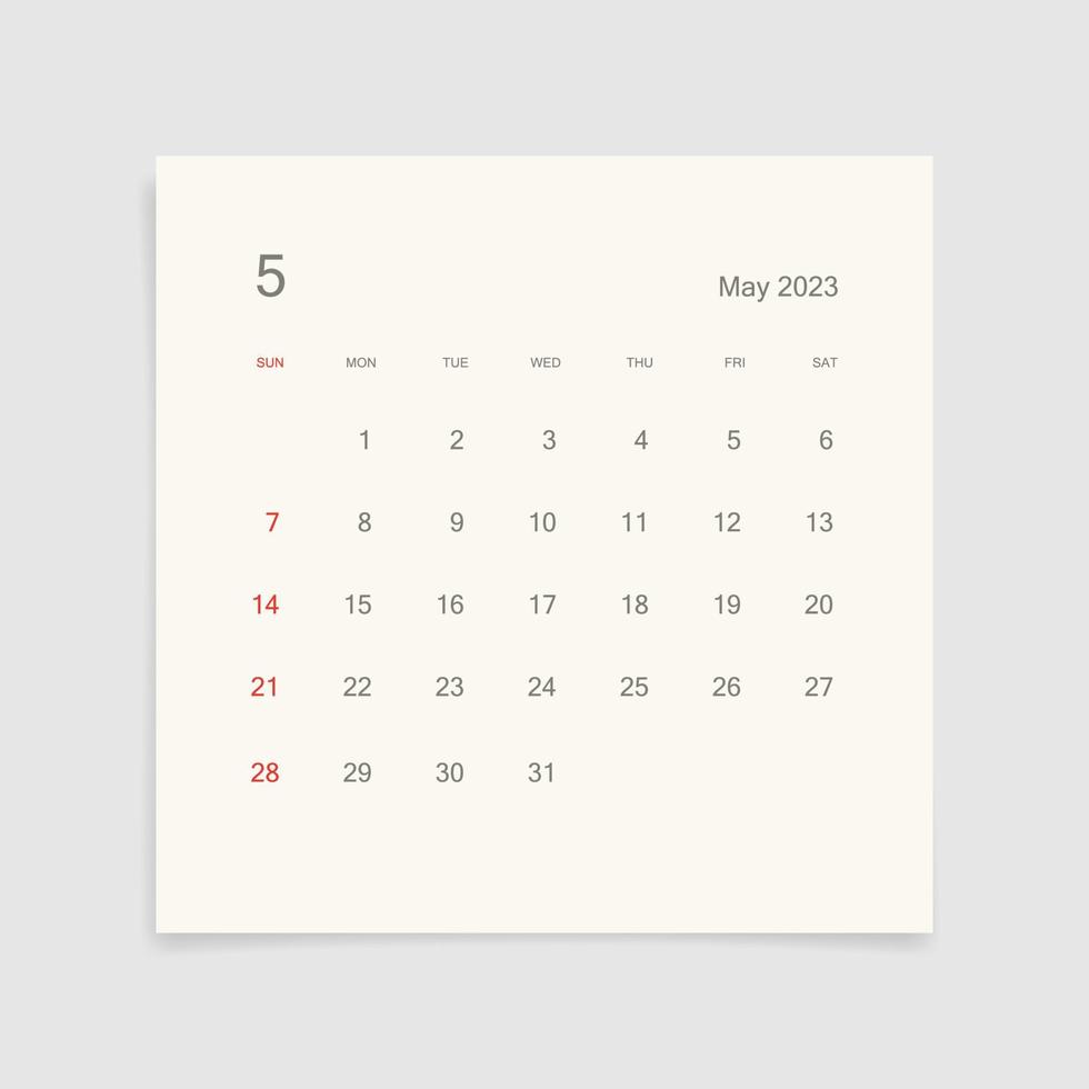 980x980 May 2023 calendar page on white background. Calendar background for reminder, business planning, appointment meeting and event. Week starts from Sunday. Vector