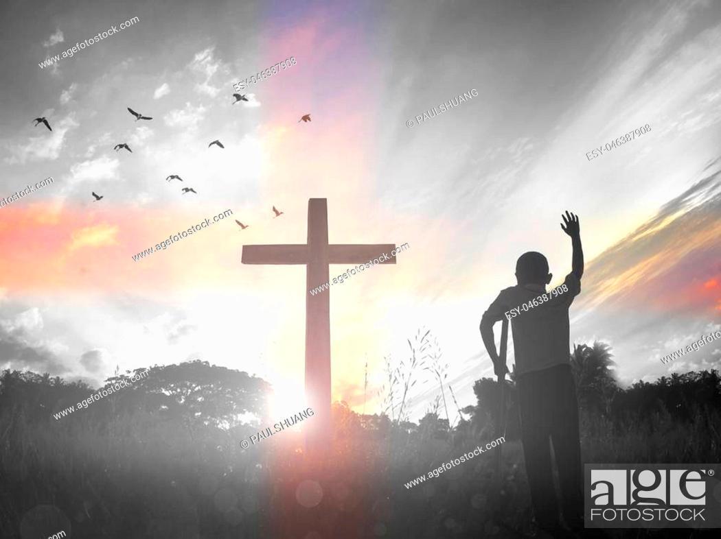 1050x786 Resurrection Of Easter Sunday Concept: Silhouette Cross On Meadow Sunrise Background, , Picture And Low Budget Royalty Free Image. Pic. ESY 046387908