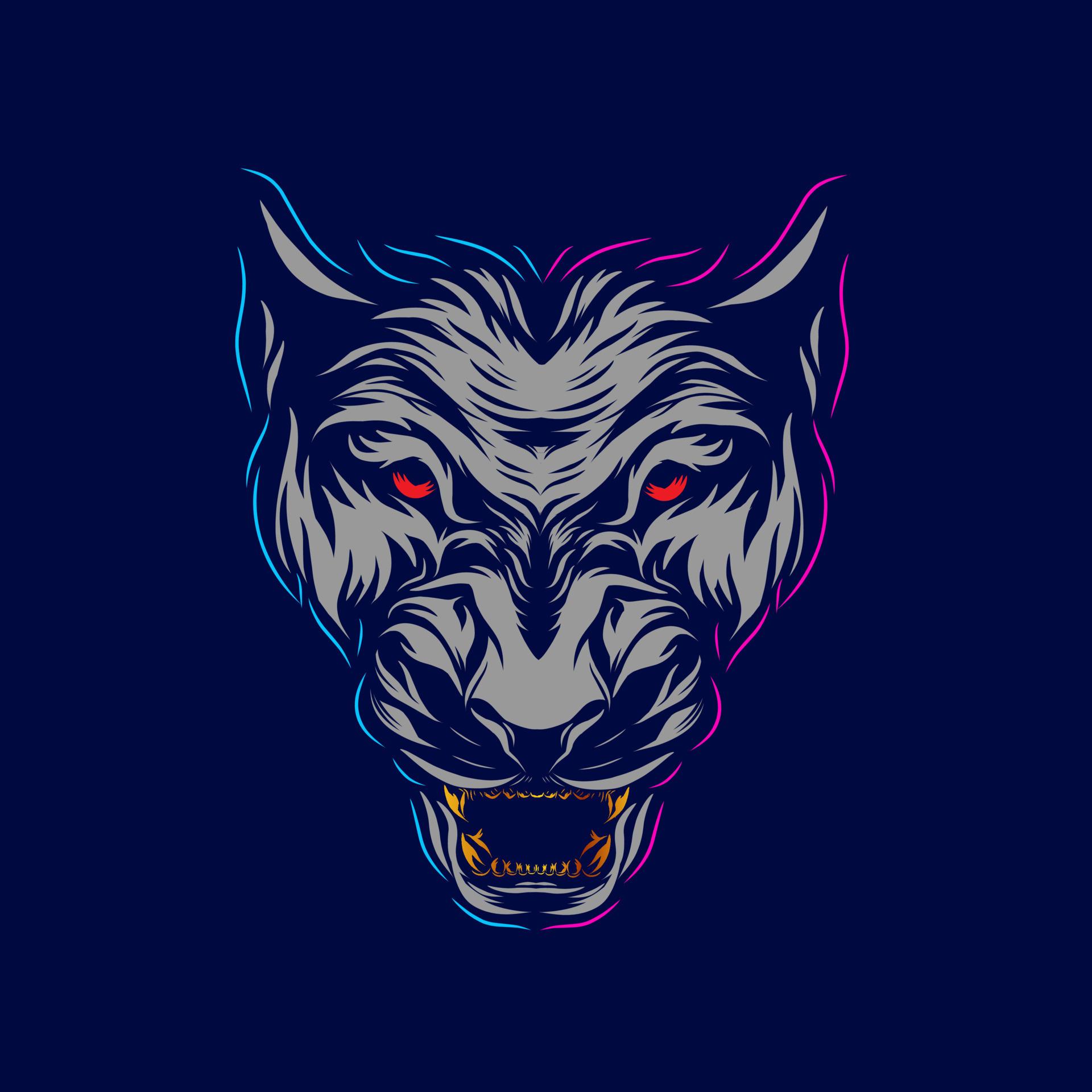 1920x1920 Lion Head Face Vector Silhouette Line Pop Art Potrait Logo Colorful Design With Dark Background. Abstract Vector Illustration. Isolated Black Background For T Shirt, Poster, Clothing