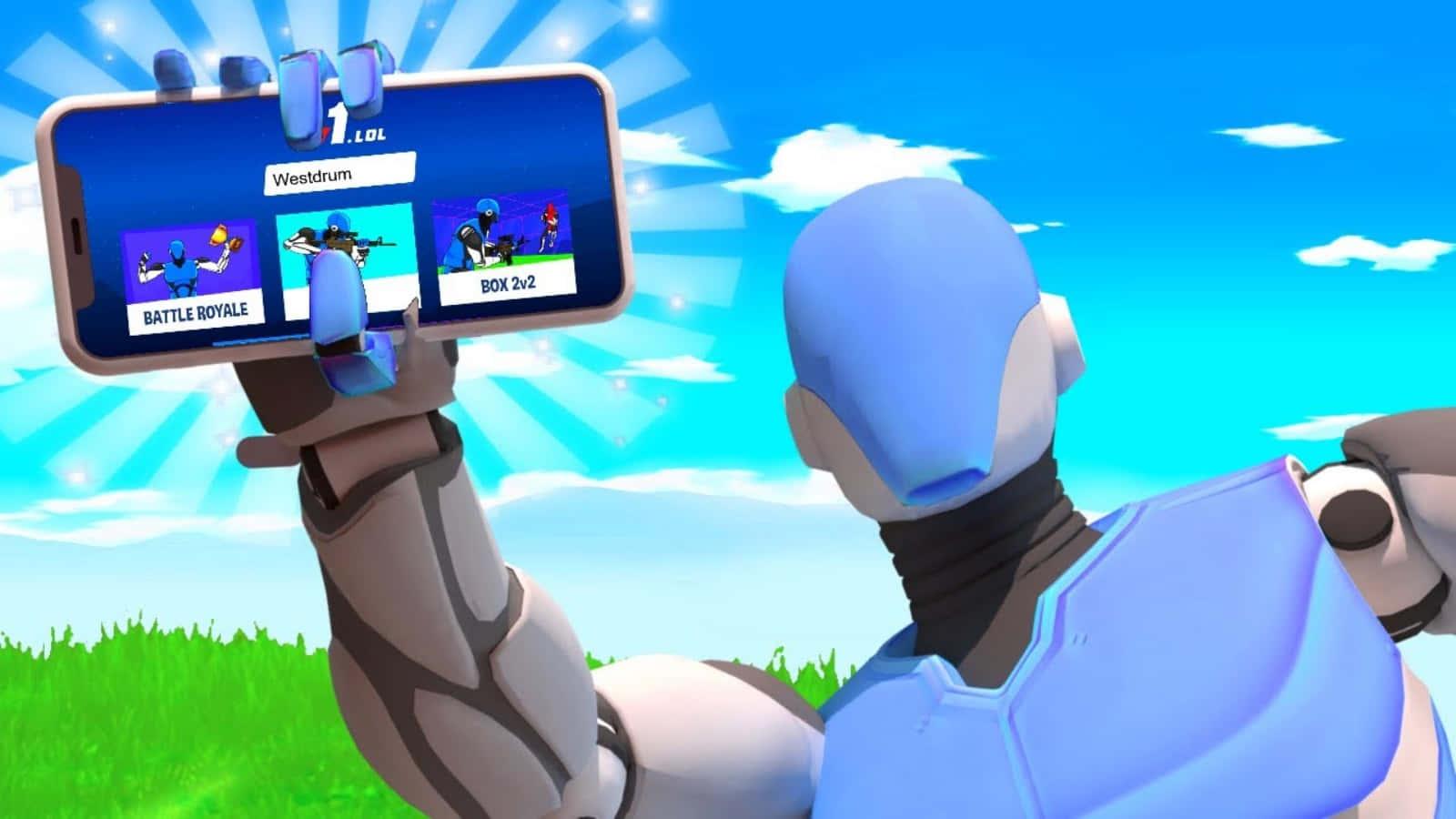 1600x900 Download 1v1lol Holding Phone Wallpaper