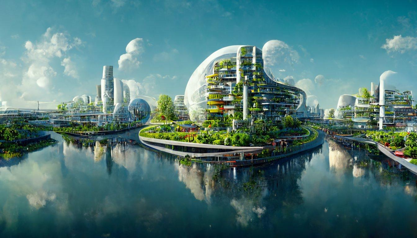 1344x768 Prompthunt: Atompunk Day Time High Tech City Of The Future, Surrounding River, Advanced Lighting, Garden, Lots Of Details, Modern Architecture Building, Village 8K