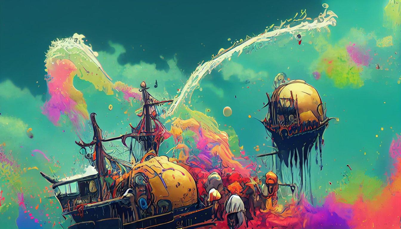1344x768 prompthunt: pirates chaos, cool colorful, in the style of Gediminas Pranckevicius, moebius, atompunk, Ink Dropped in water, splatter drippings, pulp Manga, cinematic lighting