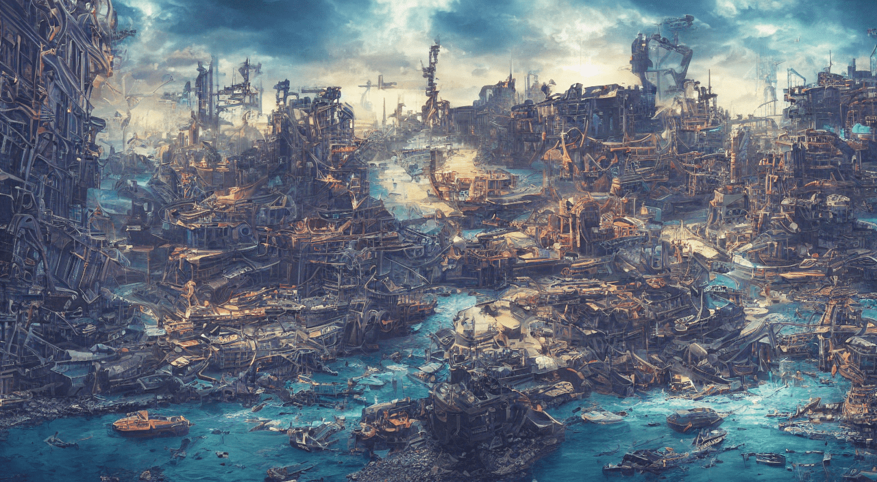 1280x704 prompthunt: a Stunning 3D painting of A Great atompunk city on the sea by Annibale Siconolfi, epic lighting, beautiful sky, Retro colour, hyper detailed, Super realistic, cinematic, Masterpieces, 8K Resolution