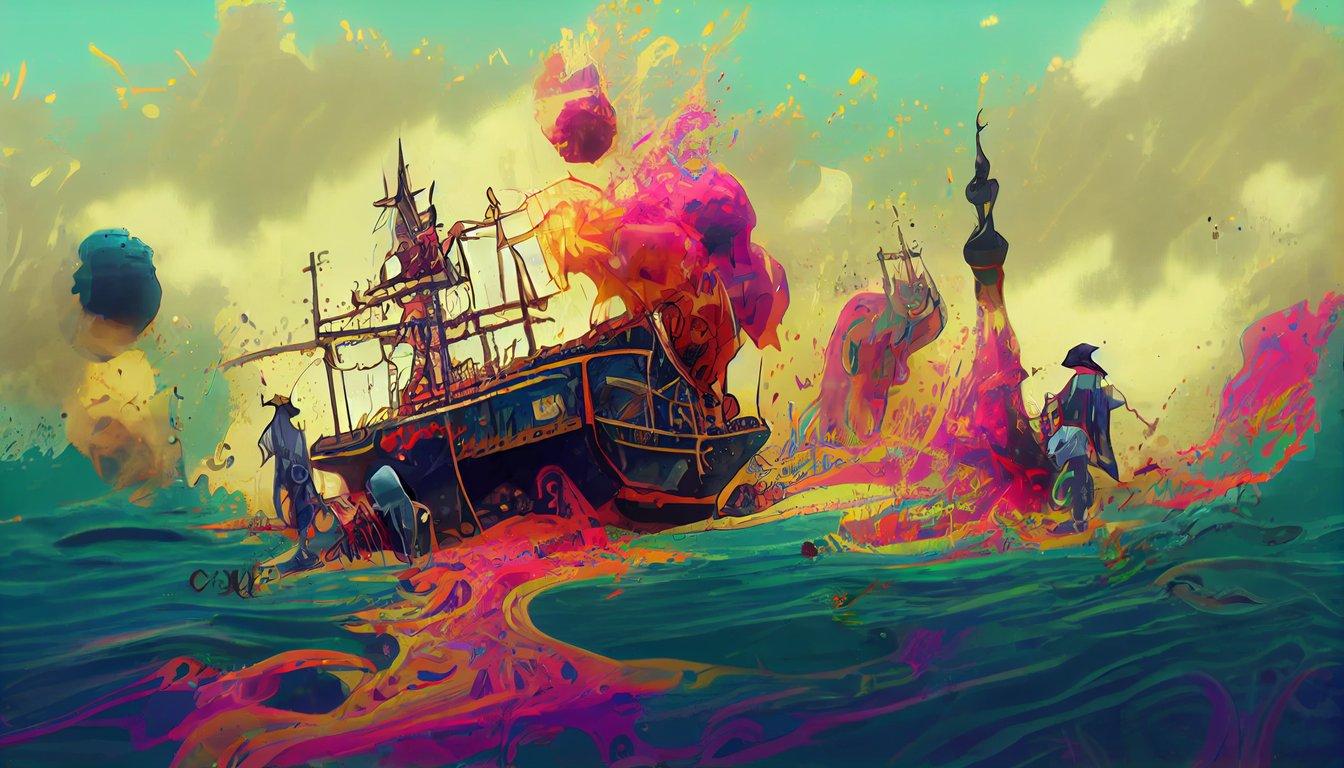 1344x768 prompthunt: pirates chaos, cool colorful, in the style of Gediminas Pranckevicius, moebius, atompunk, Ink Dropped in water, splatter drippings, pulp Manga, cinematic lighting