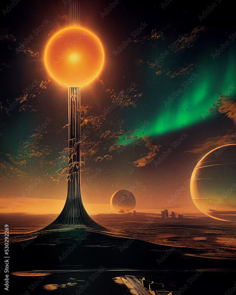 800x1000 Atomic Energy Tower Sci Fi Retro Futurism Art Illustration. Atom Punk Style Futuristic Technology Scenery Background. CG Digital Painting AI Neural Network Generated Art Science Fiction Wallpaper Stock Illustration
