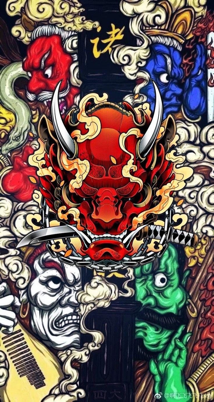 736x1377 Demonios. Japonca dövmeler, Ejderhalar, Mitolojik yaratıklar