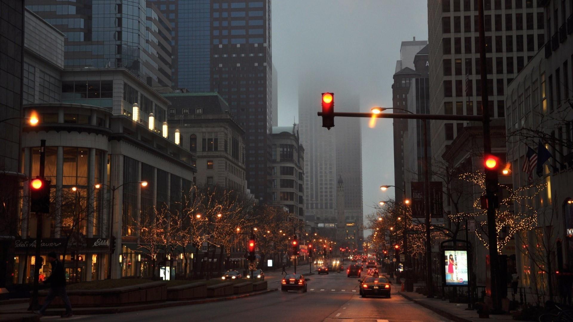1920x1080 Wallpaper / traffic, night, clouds, street, misty, rainy night, rainy, lights, road, fog, new york city, city, 1080P free download