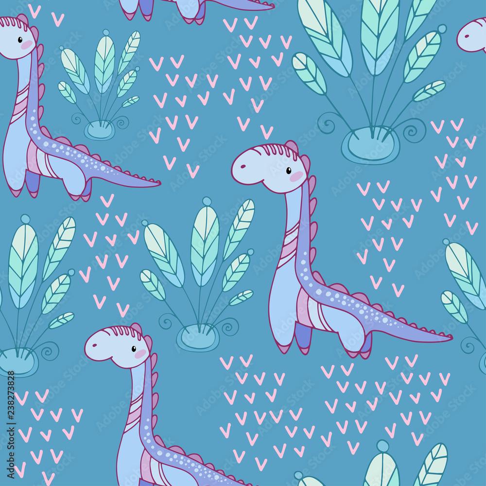1000x1000 Seamless pattern with fairy plants, dinosaurs Brachiosaurus on a blue background. Printable templates for fabrics, textiles, paper, wallpaper. Stock Vector