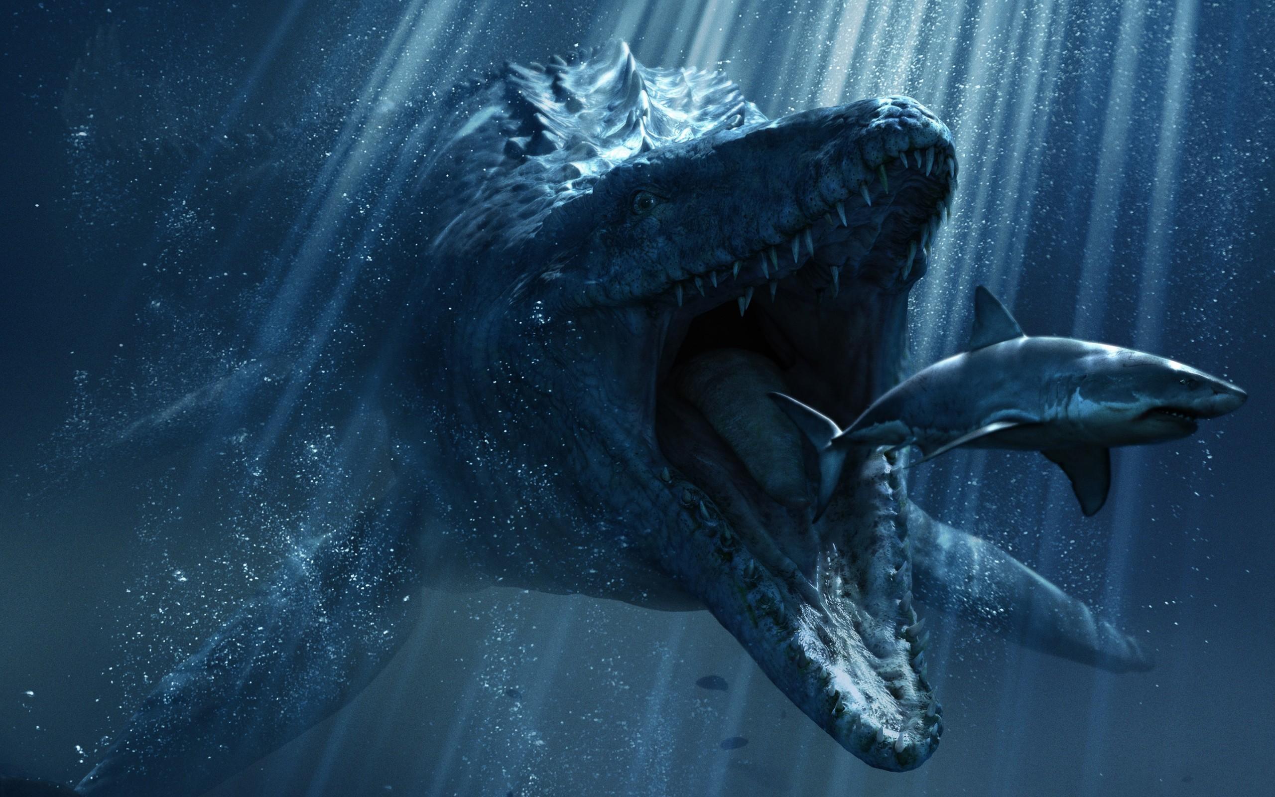 2560x1600 mosasaurus, dinosaurs, crocodiles, sun rays, Jurassic World, teeth, underwater, sea, blue, bubbles, eating, digital art, drawing, creature, shark Gallery HD Wallpaper
