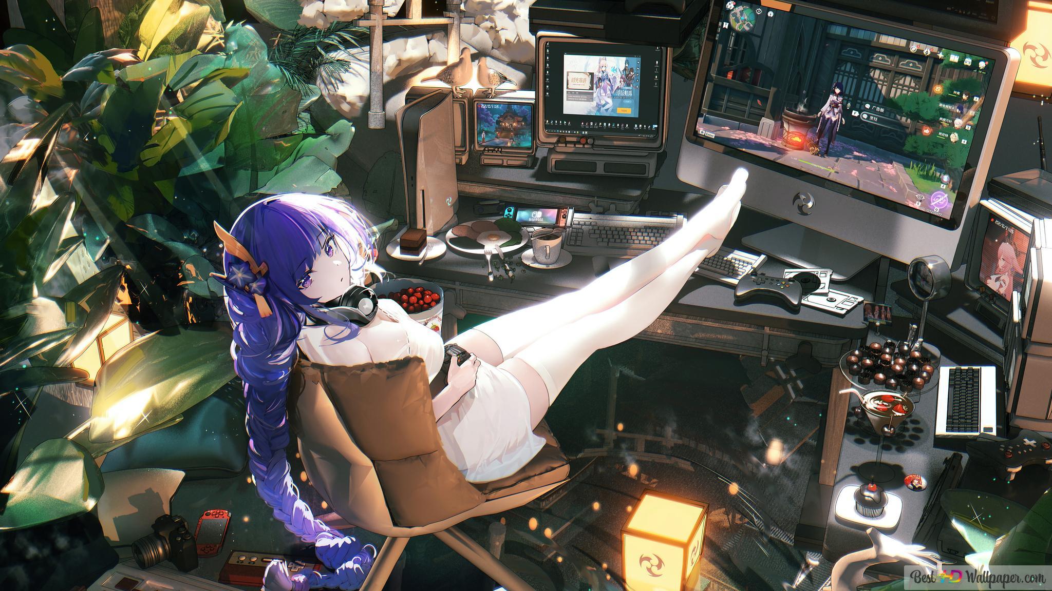 2048x1152 Gamer Anime Girl Desktop Setup 4K wallpaper download