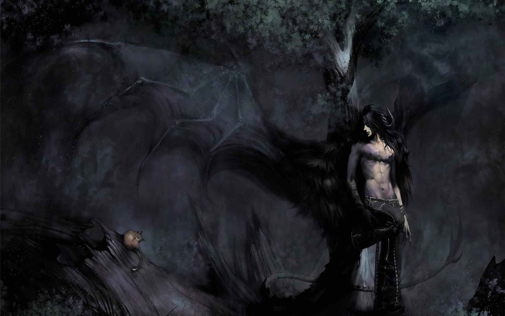 1920x1200 Wallpaper / art, 1080P, paintings, demon, boy, creature, Dark, nature, anime, mood, monster, forest, fallen, Trees, men, fantasy, males, angel free download