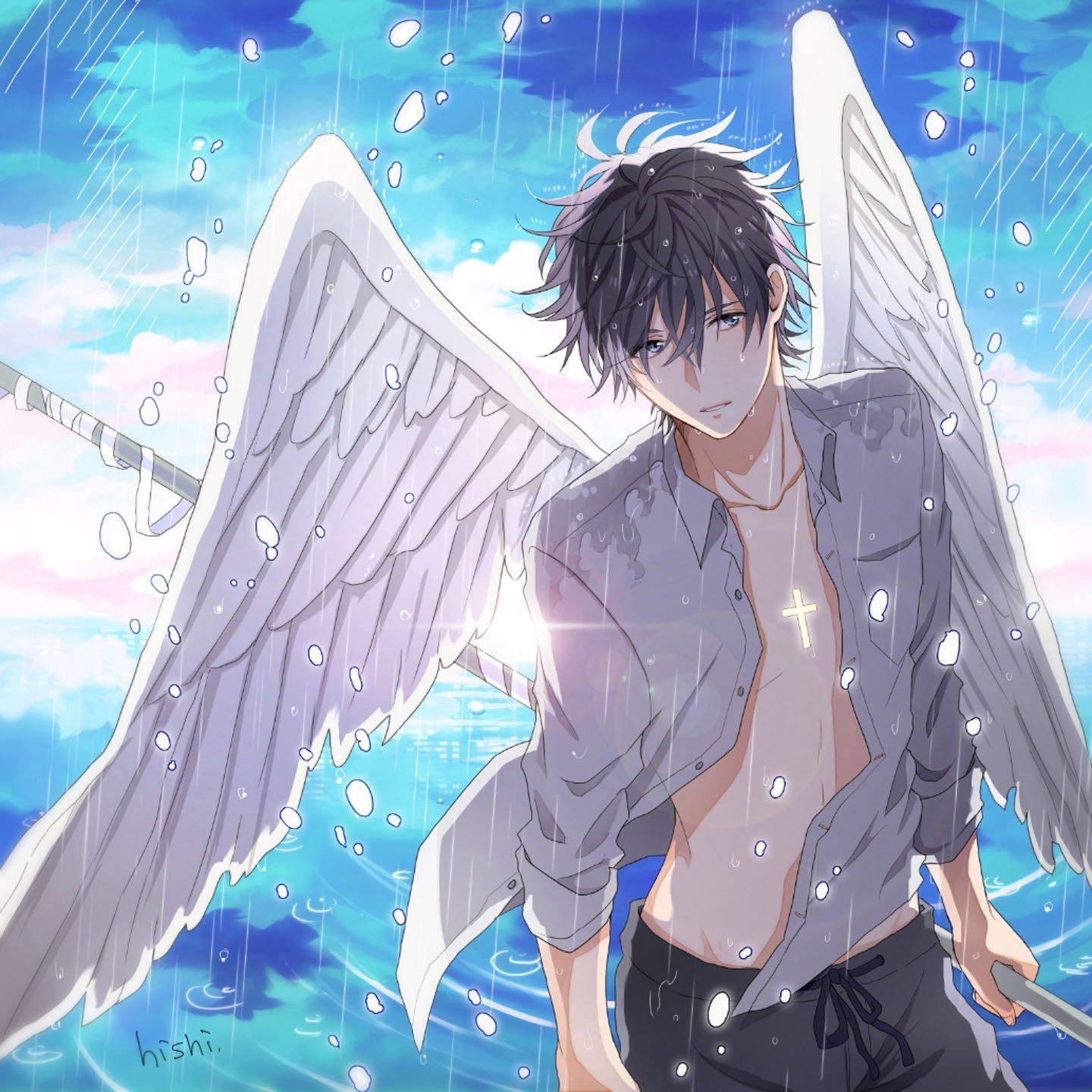1440x1440 Angel anime boy wings short hair wallpaperx1440