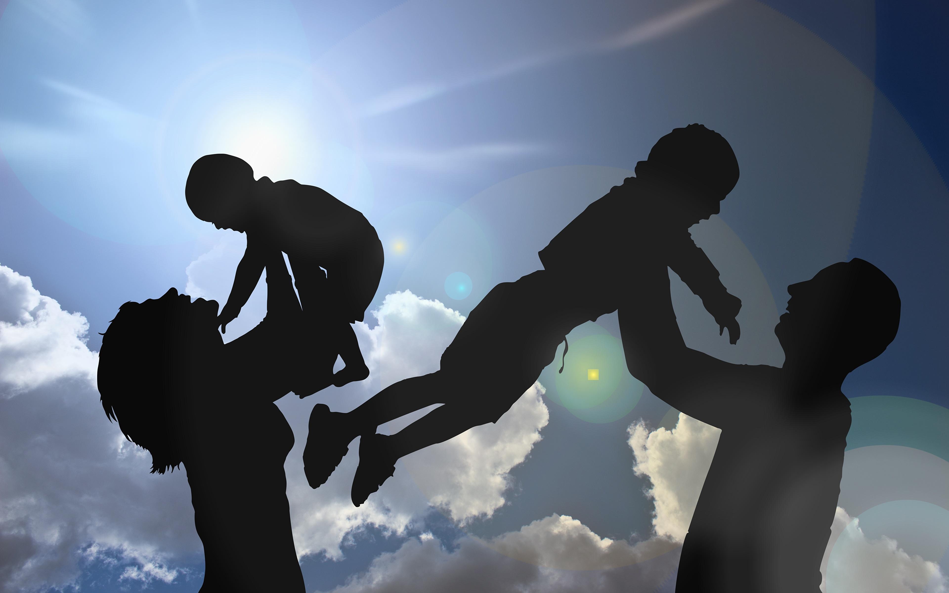 3840x2400 Image Family silhouettes Mother child Sun Four 4 Sky 3840x2400