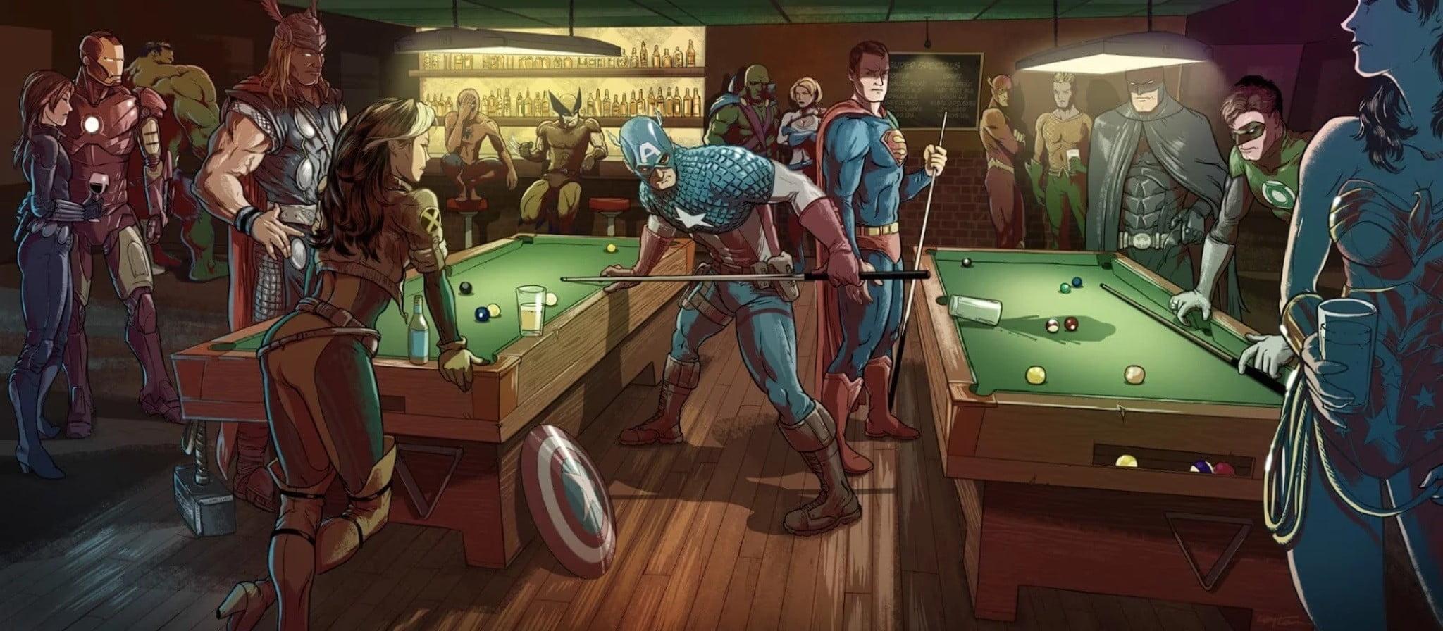 2048x896 Superheroes Playing Billiards Wallpaper