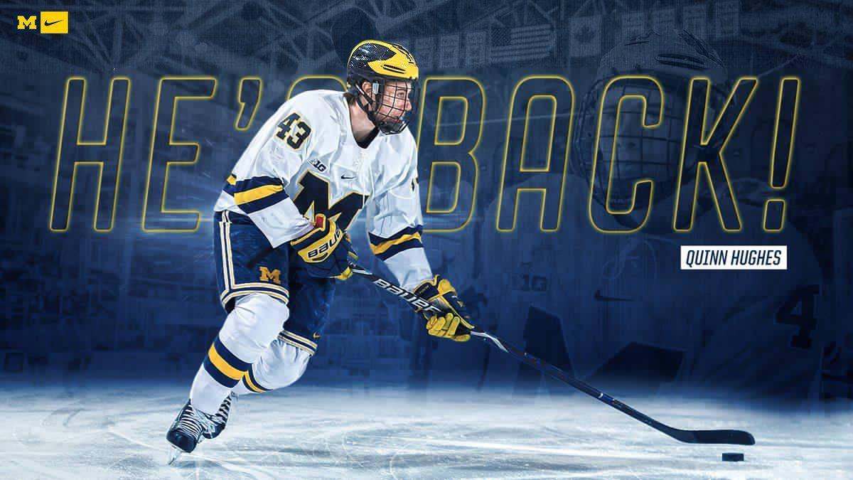 1200x675 Download Quinn Hughes Dribbling Hockey Puck With Quote And Faded Background Wallpaper