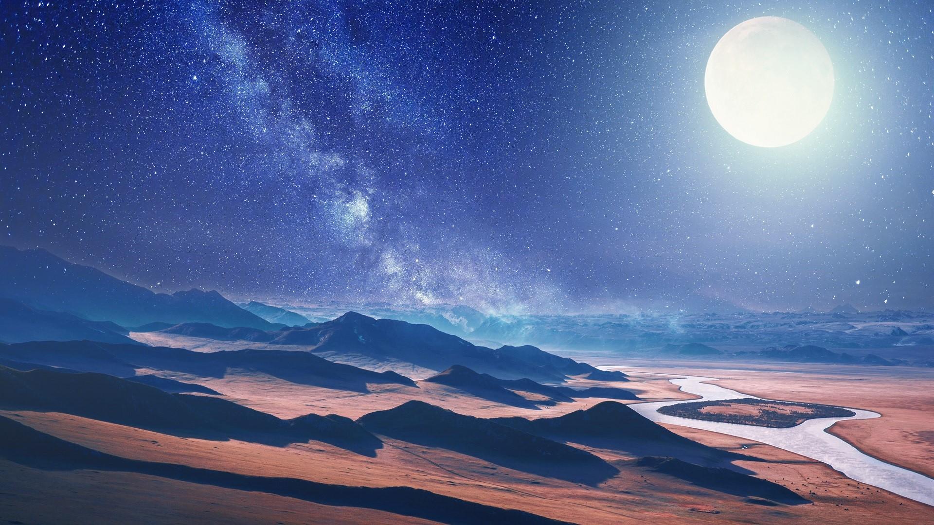 1920x1080 nature, desert, Moon, landscape, stars, river Gallery HD Wallpaper