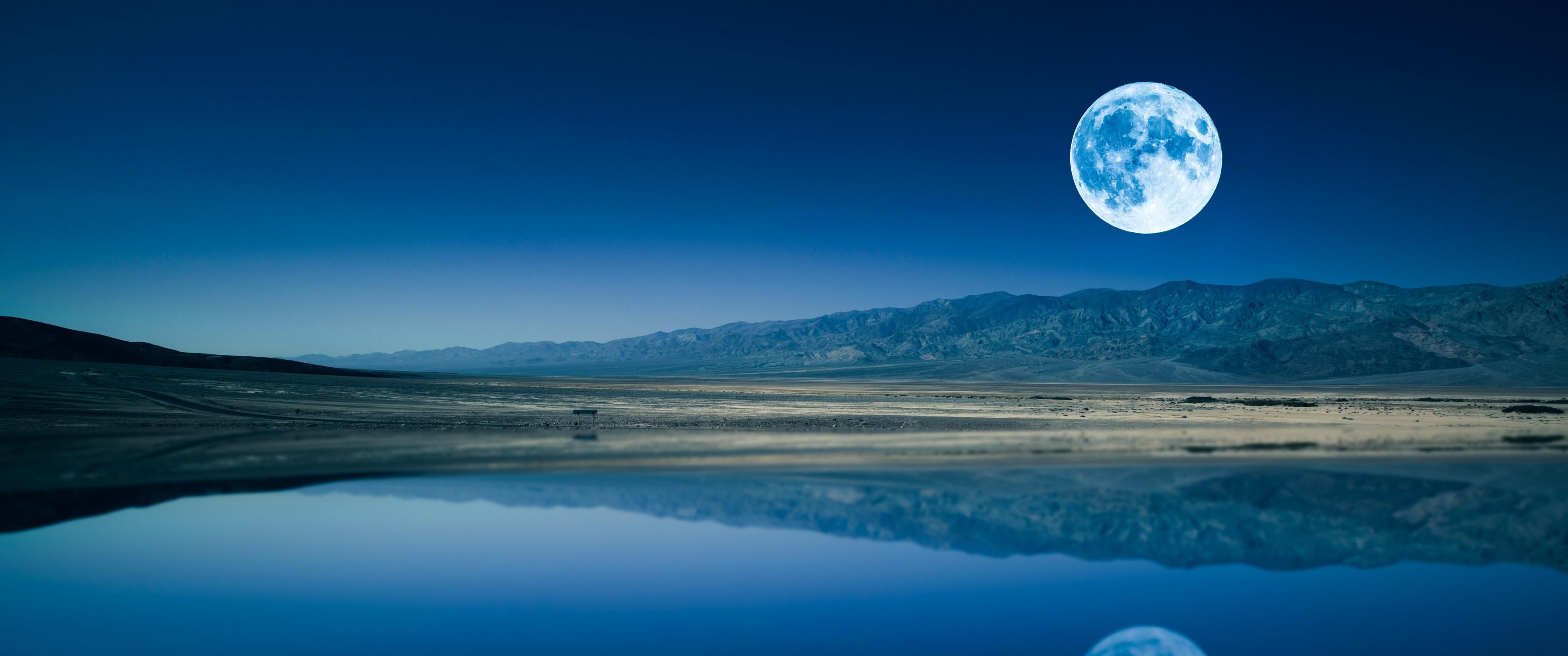 3440x1440 Full moon Wallpaper 4K, Night time, Lake, Nature