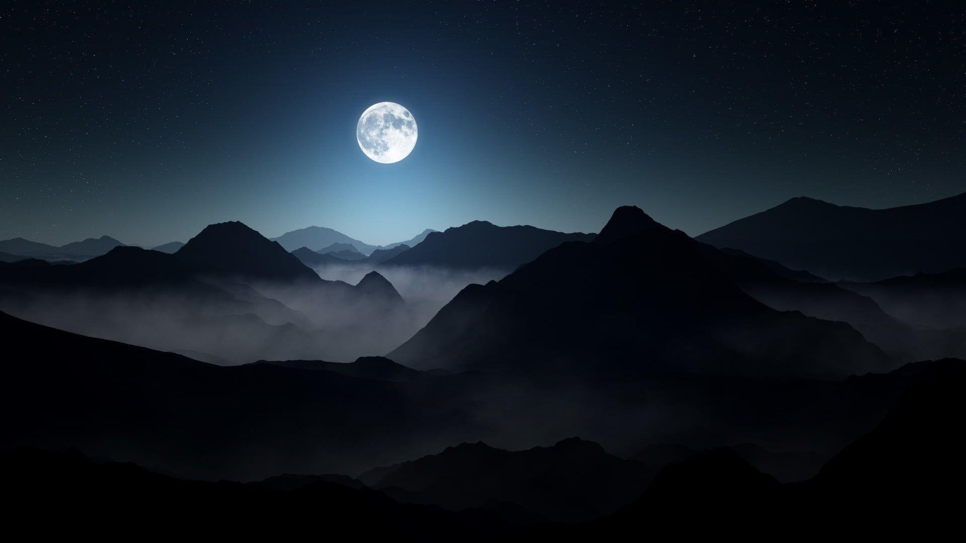 1920x1080 moon and mountains, nature, landscape, mist, starry night, moonlight wal. Nature desktop wallpaper, Desktop wallpaper black, Computer wallpaper desktop wallpaper