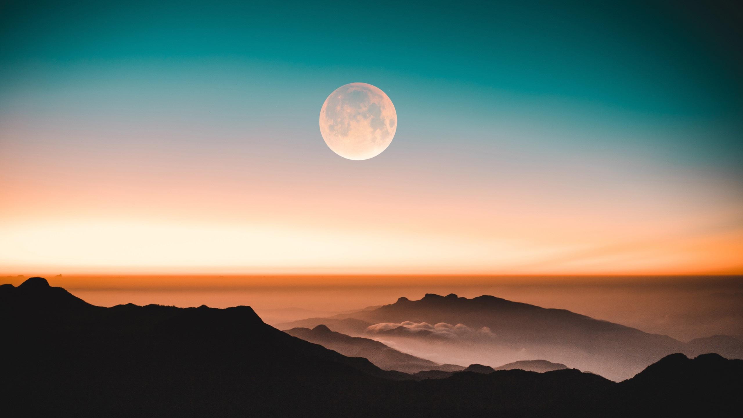 2560x1440 Wallpaper / moonlight, evening, Moon, landscape, clouds, mountains, sunset, sky, nature, dark free download