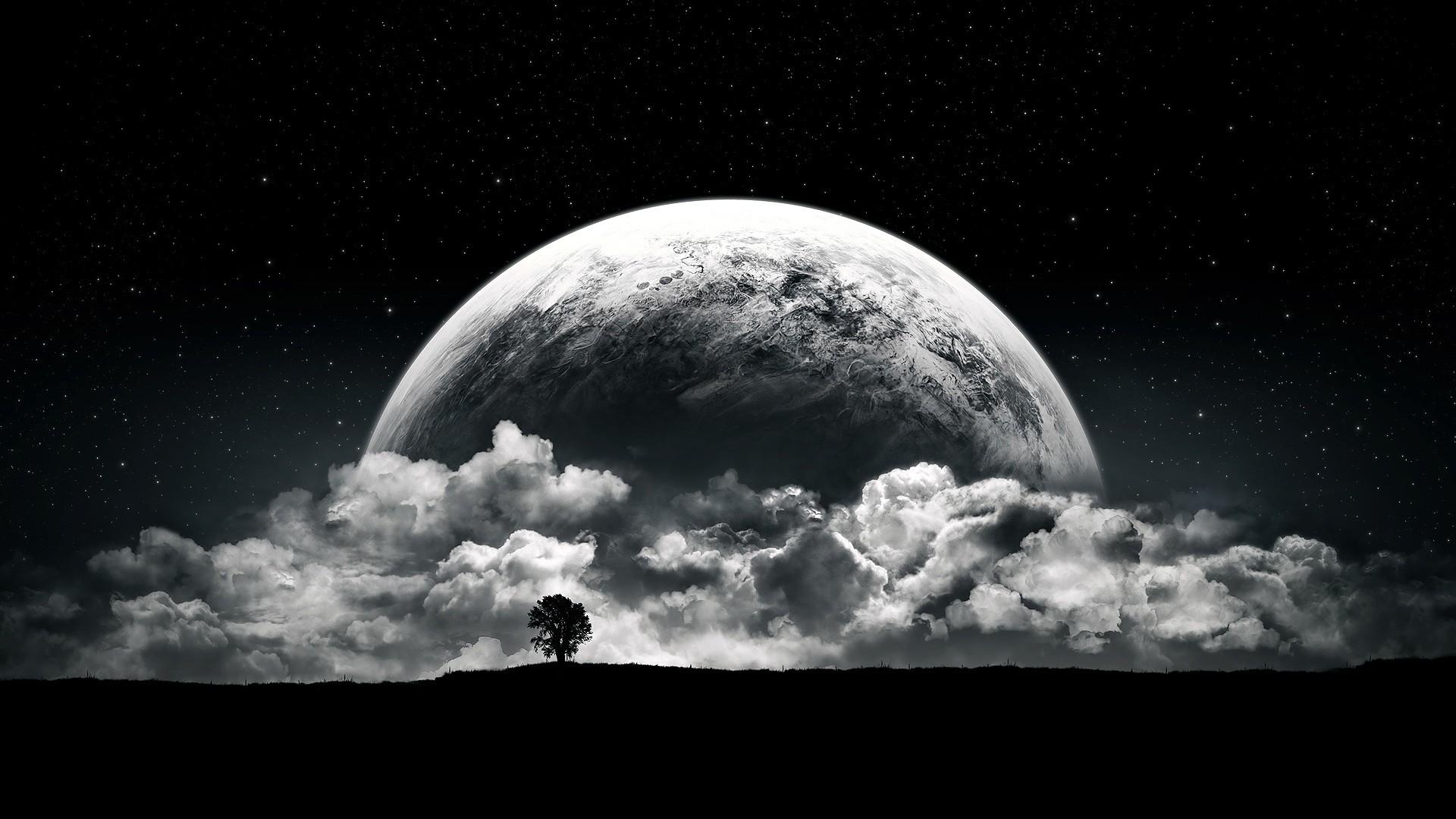 1920x1080 planet, monochrome, space art, stars, surreal, night, dark, black, Moon, landscape, fantasy art, trees, space, digital art, white, clouds Gallery HD Wallpaper