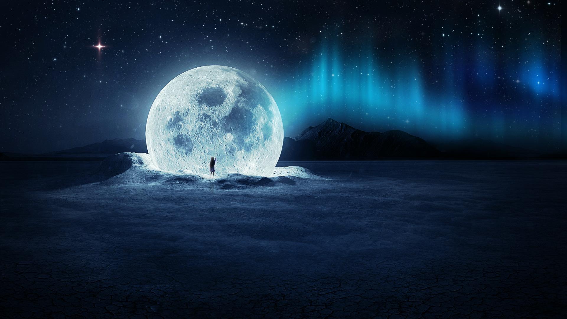 1920x1080 HD desktop wallpaper: Landscape, Night, Moon, Aurora Borealis, Artistic, Surreal download free picture