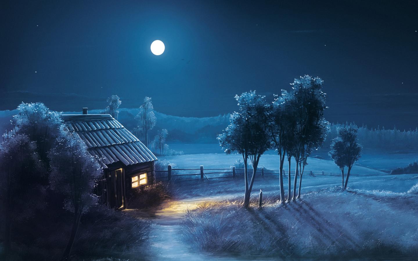 1440x900 Download Blue Night Full Moon Scenery, Blue, Night, Full, Moon, Landscape Wallpaper in 1440x900 Resolution