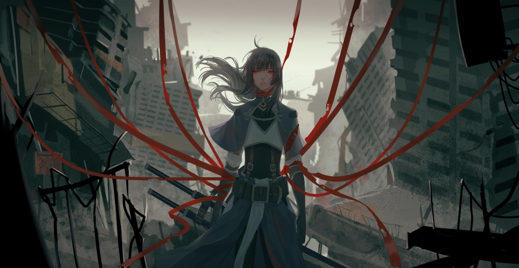 1754x905 Download 1920x1080 Anime Girl, Bond, Apocalypse, Destruction, Red Eyes Wallpaper for Widescreen