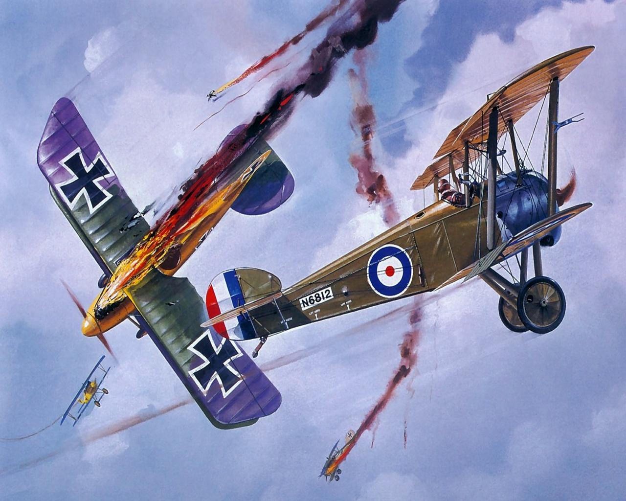 1280x1024 image Airplane Sopwith Camel vs. Albatros Painting Art Aviation