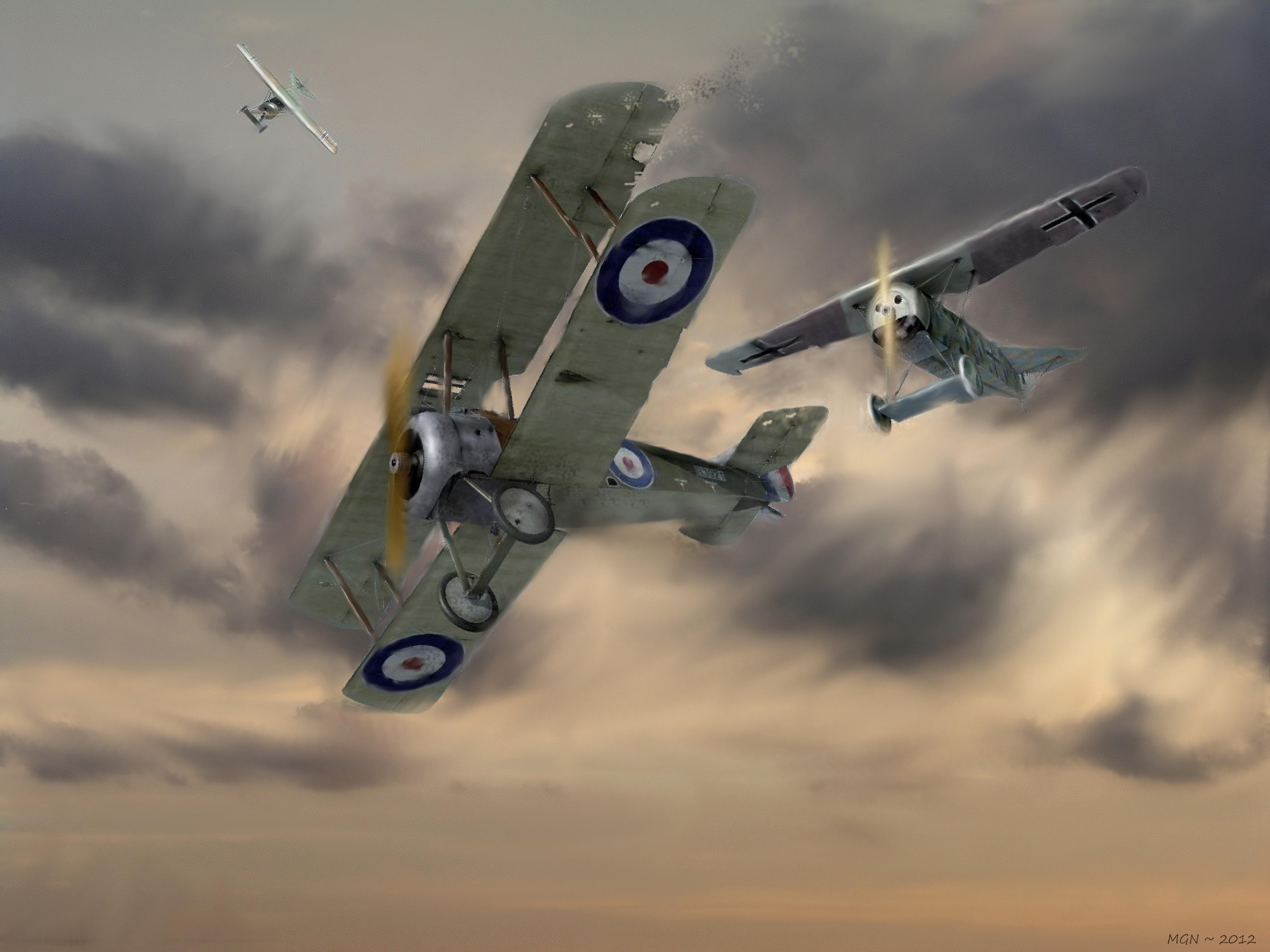 4800x3600 4K, Two Fokker VIII's battle a lone Sopwith Camel, Airplane, Painting Art Gallery HD Wallpaper