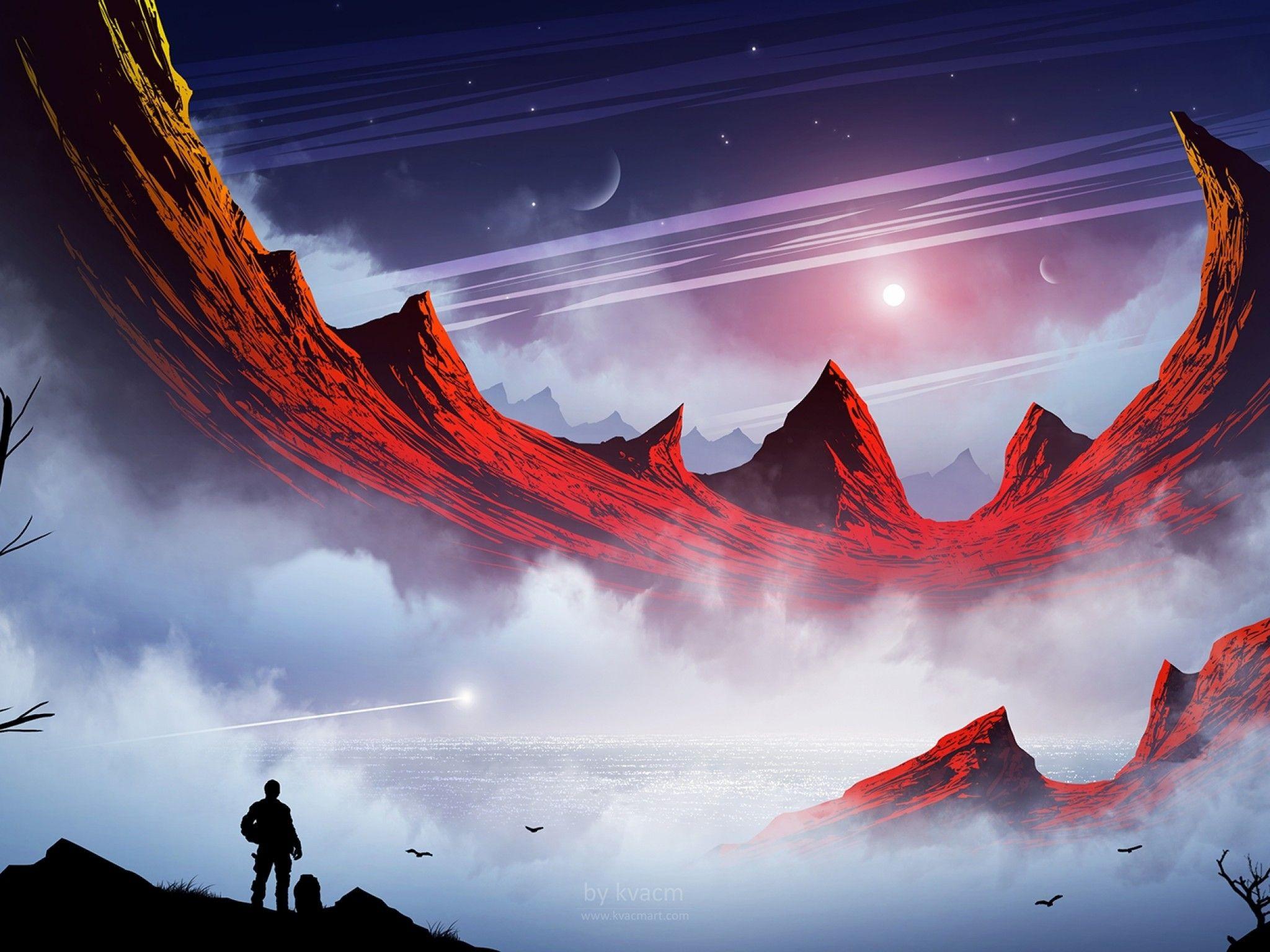 2048x1536 Download 2048x1536 Fantasy Landscape, Mountains, Man, Planets, Sci