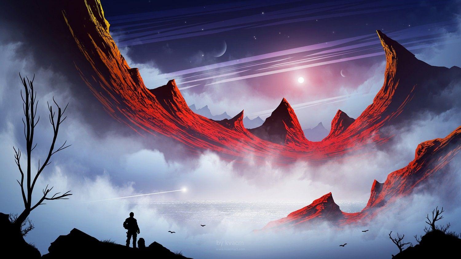 1500x843 Download 1500x843 Fantasy Landscape, Mountains, Man, Planets, Sci Fi