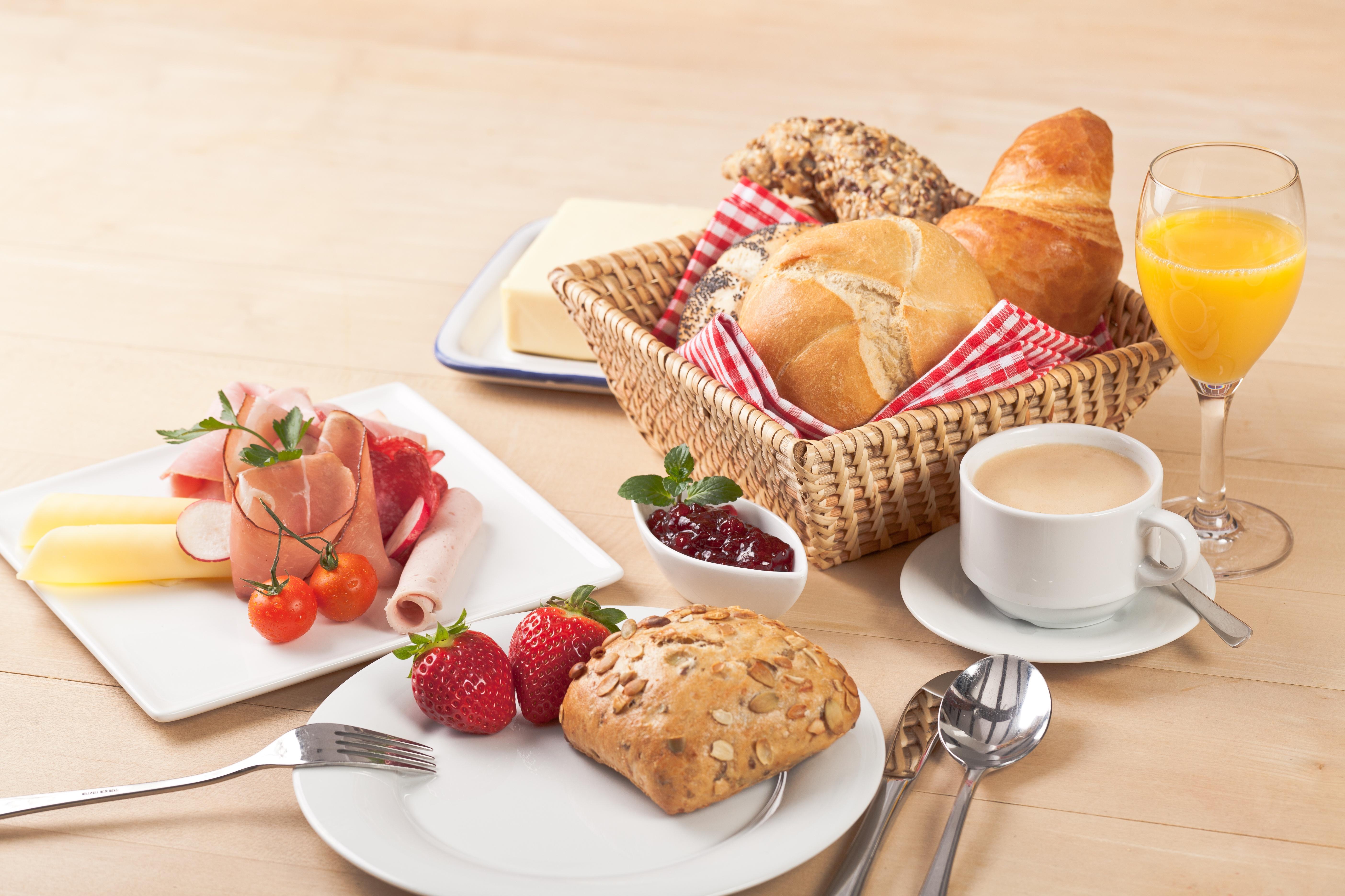 5616x3744 HD desktop wallpaper: Food, Strawberry, Meat, Coffee, Still Life, Cup, Glass, Basket, Jam, Bread, Breakfast, Juice download free picture