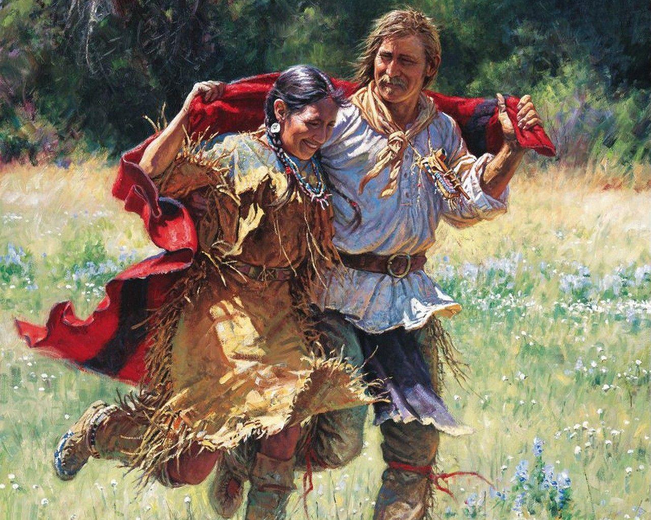 1280x1024 Mountain man and native American woman. Western, Native American