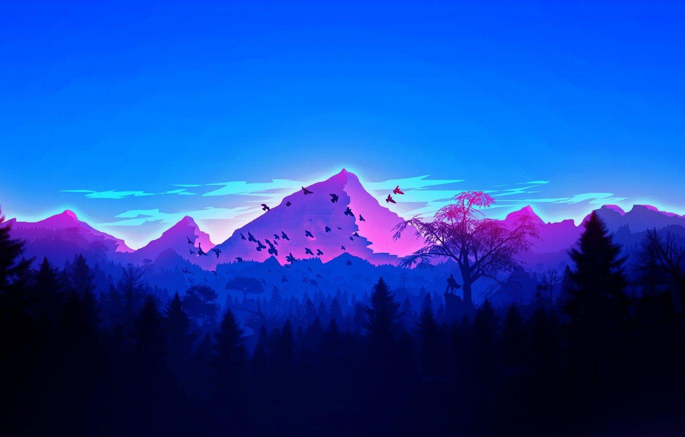 1332x850 Wallpaper forest, Landscape, sky, trees, nature, mountains, birds, man, digital art, artwork, silhouette image for desktop, section арт