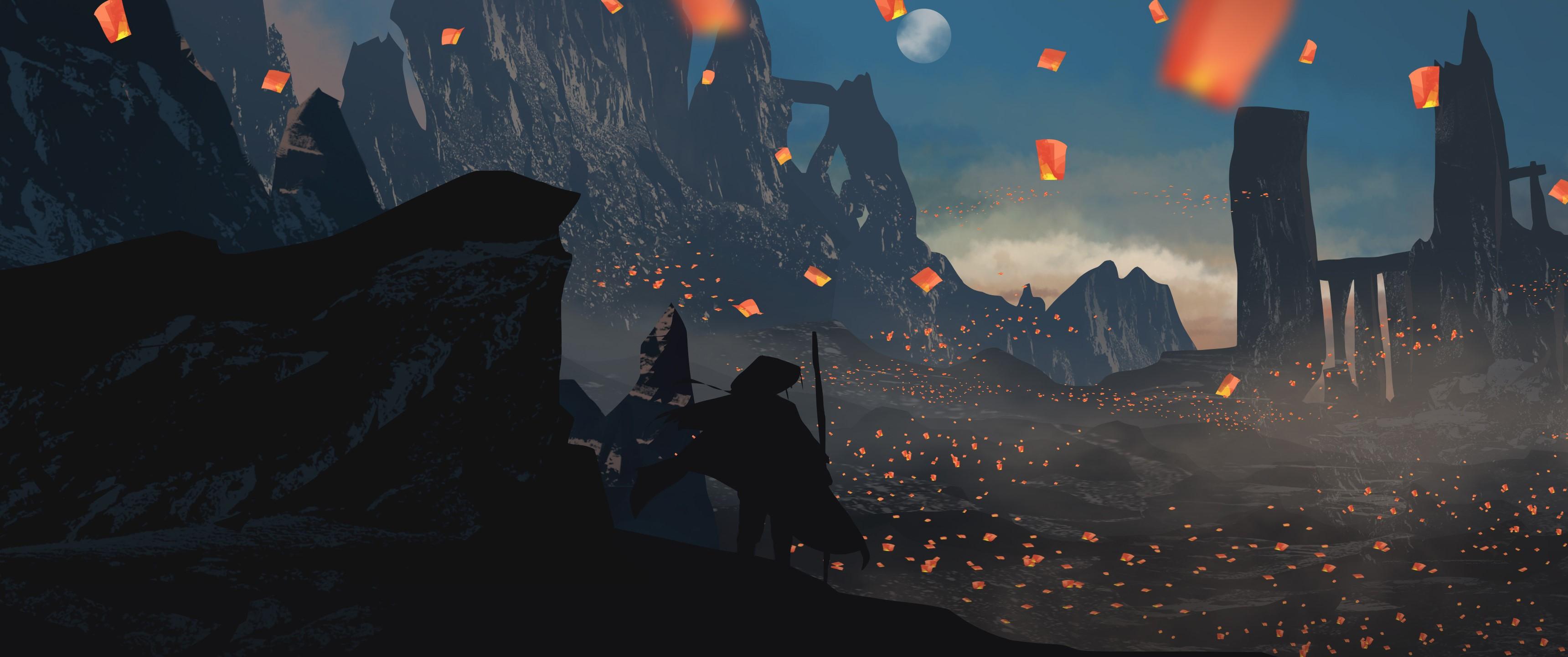 3440x1440 Wallpaper / Digital Art, Samurai, Candles, Sky Lanterns, Moon, Cape, Fantasy Art, Landscape, Lantern, Ultra Wide, Ultrawide Free Download