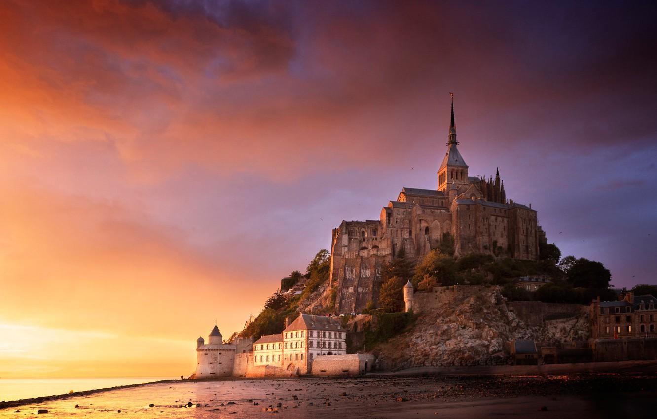 1332x850 Wallpaper Sunset, Rock, France, Fortress, France, Normandy, Normandy, Mont Saint Michel, Mont Saint Michel Image For Desktop, Section пейзажи