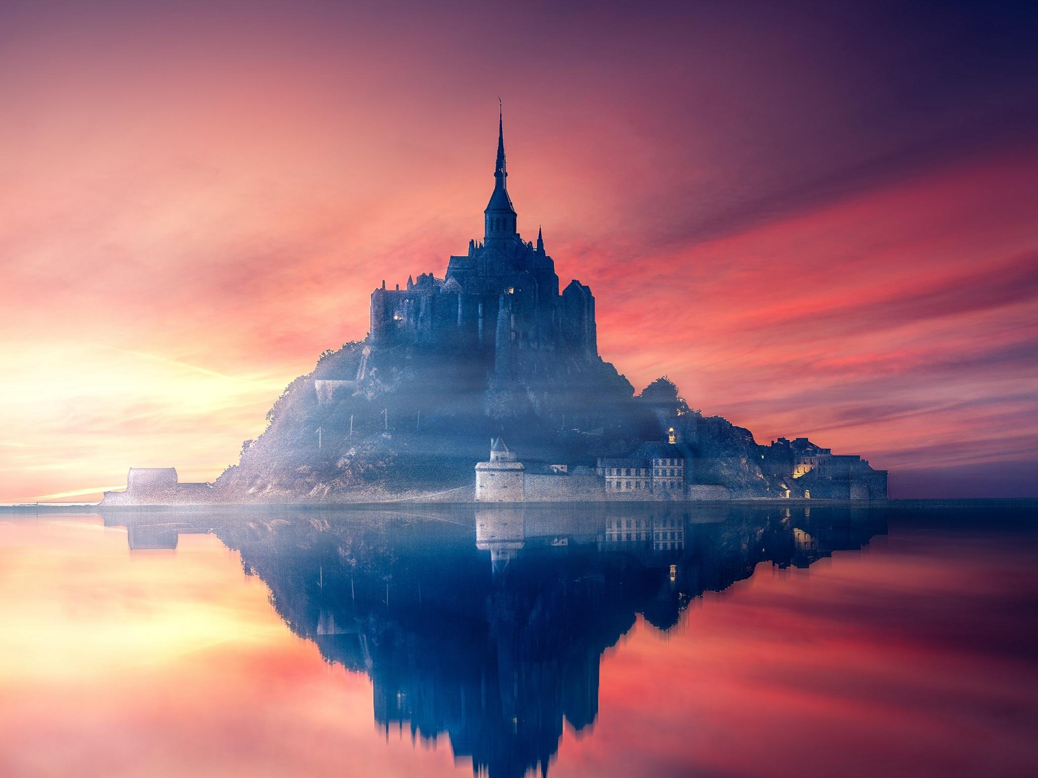 2048x1536 Wallpaper 4k Mont Saint Michel, France, Island, Castle, Sunset 4k Wallpaper