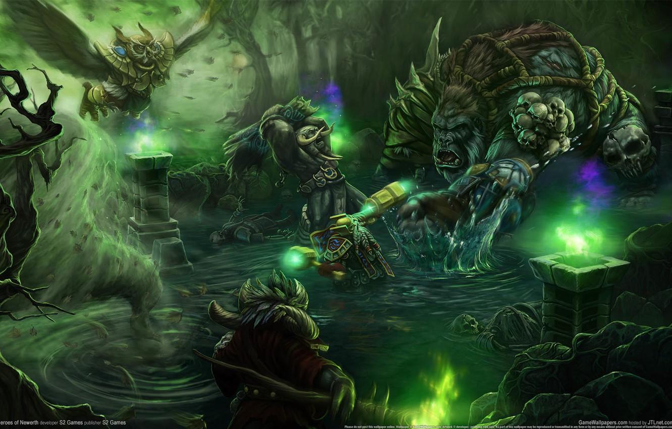 1332x850 Wallpaper forest, lake, fantasy, monsters, game wallpaper, Heroes of Newerth image for desktop, section игры