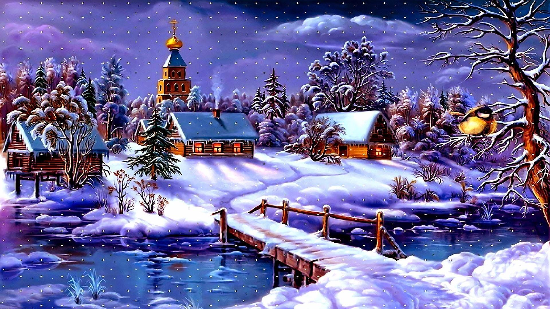 1920x1080 Wallpaper / village, arctic, 1080P, freezing, nature, houses, painting, artwork, winter, bridge, snowfall, snowing, snowy, church, snow, painting art, art, river free download