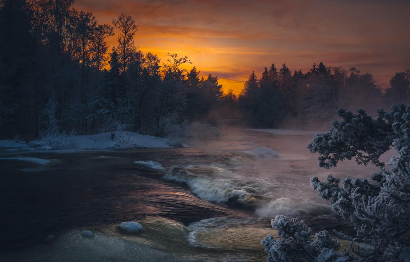 1332x850 Wallpaper winter, frost, forest, snow, sunset, branches, fog, river, for, the evening image for desktop, section пейзажи