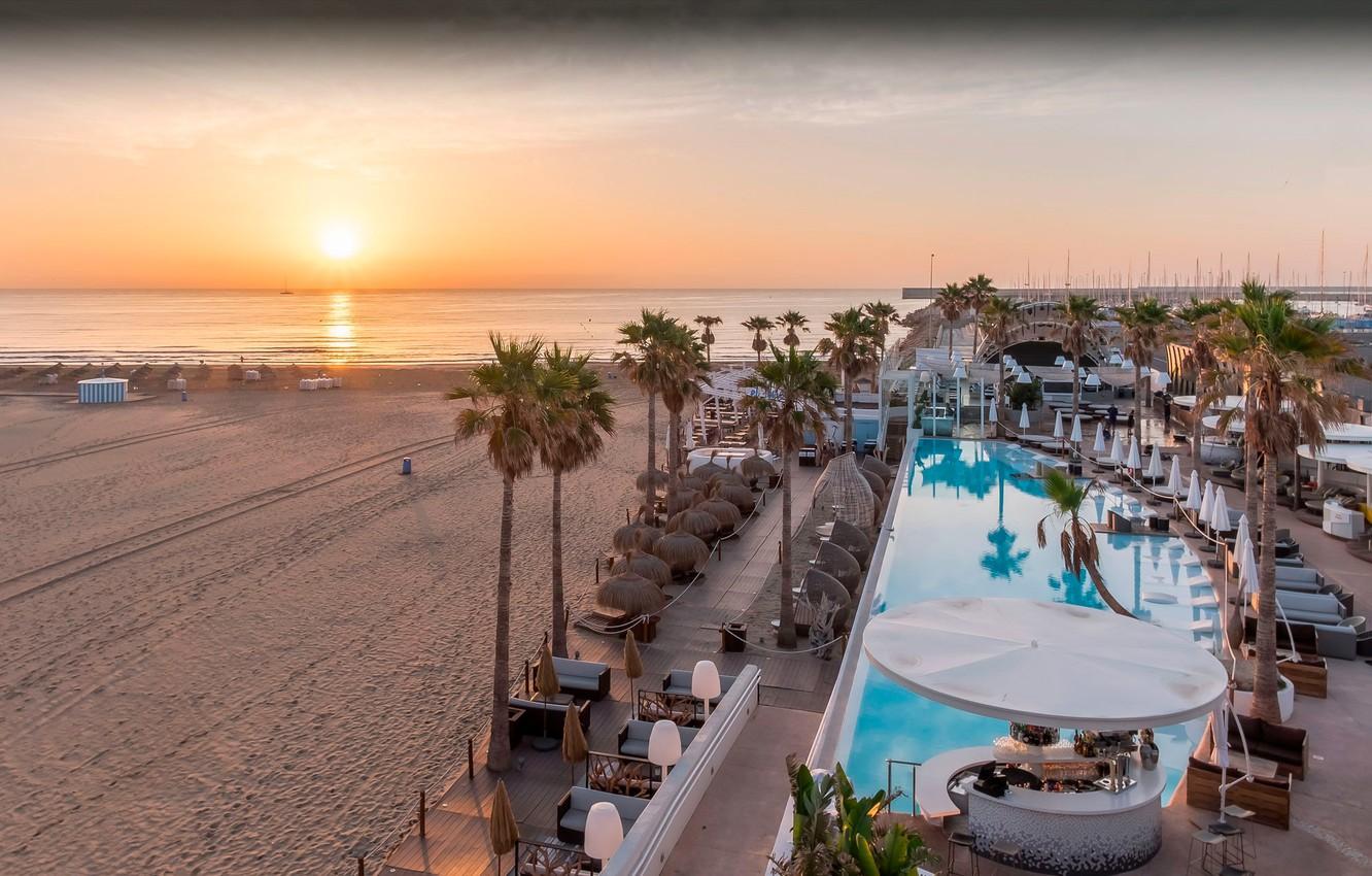 1332x850 Wallpaper sea, sunset, palm trees, pool, the hotel, Spain, Valencia, Marina Beach Club image for desktop, section город