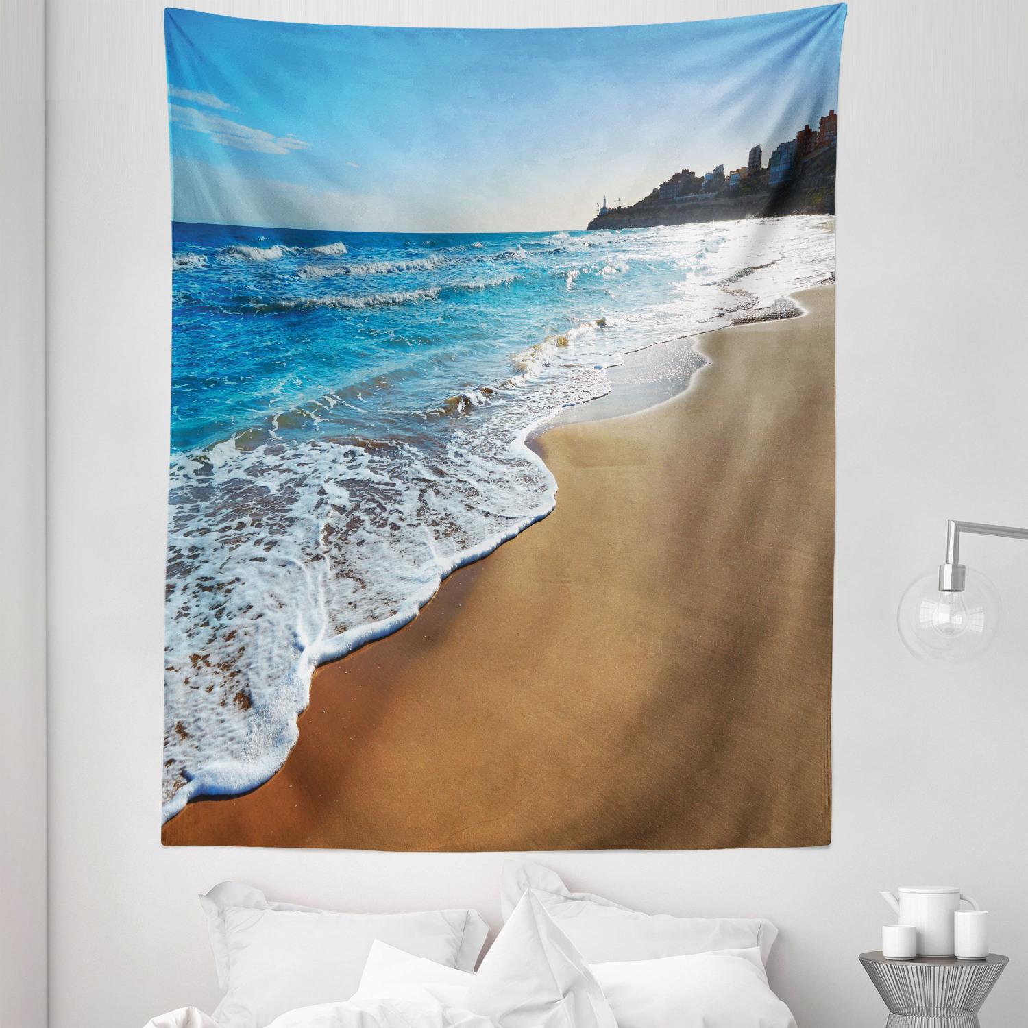 1500x1500 Beach Tapestry, Valencia Spain Bay Cullera Dosel Coastal Scenery Mediterranean Sea Scenery, Fabric Wall Hanging Decor for Bedroom Living Room Dorm, 5 Sizes, Cocoa and Sea Blue