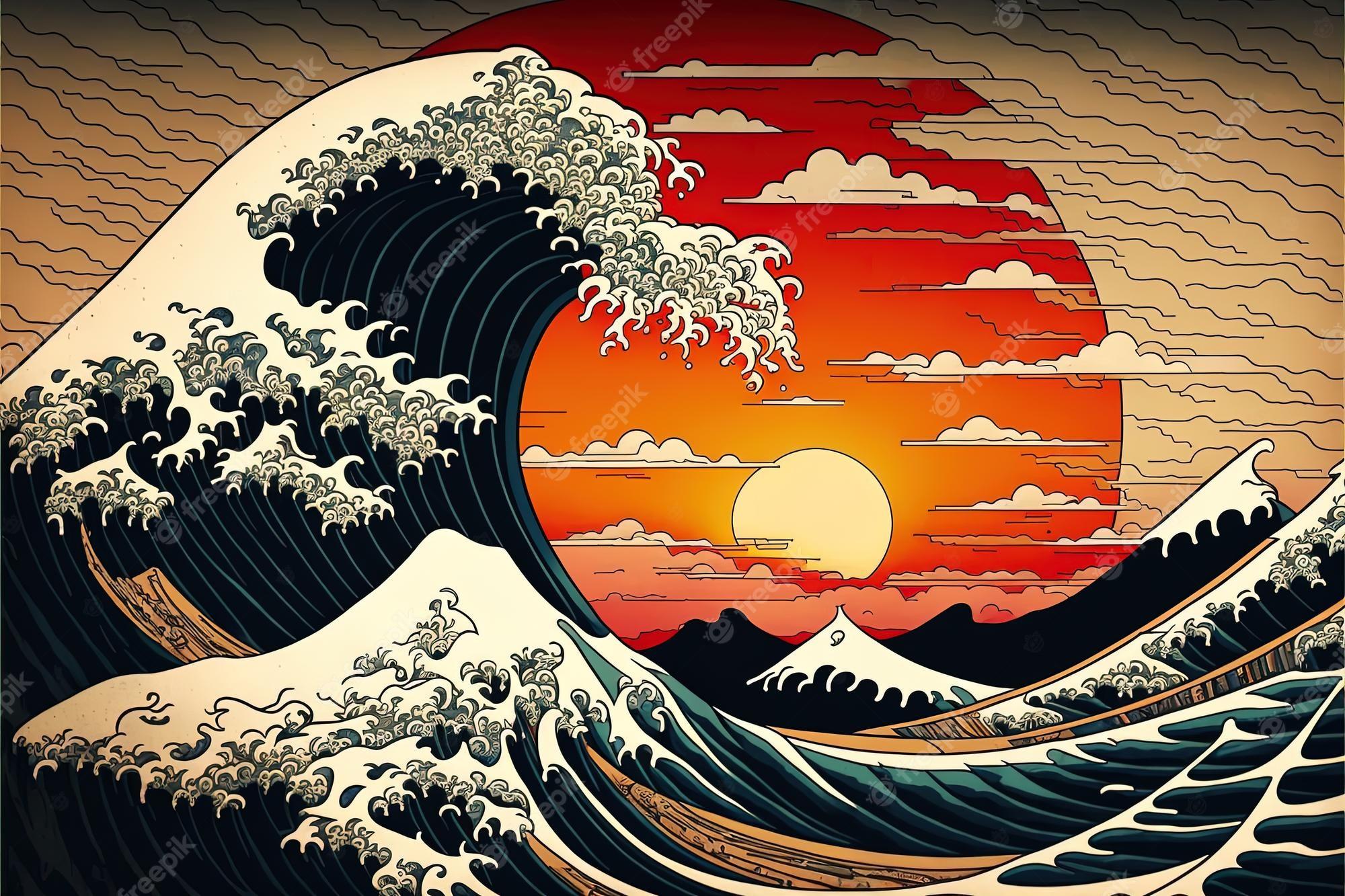 2000x1333 Premium Photo. Wave hokusai on raising sun background in japanese style ai generated big tsunami in traditional oriental style